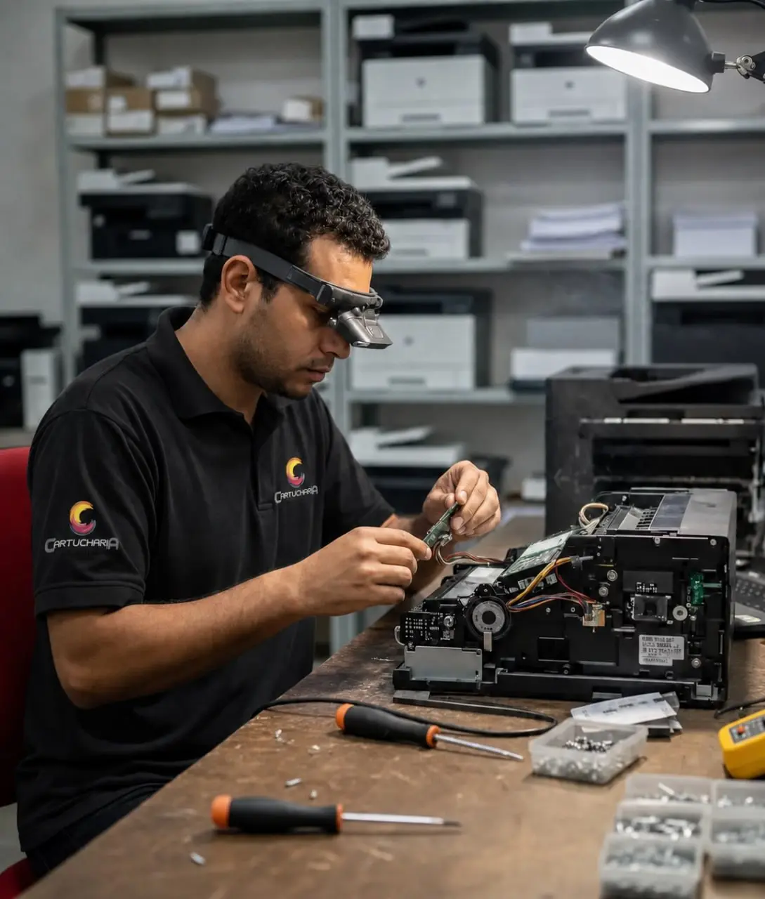 Técnico da Cartucharia avaliando uma impressora