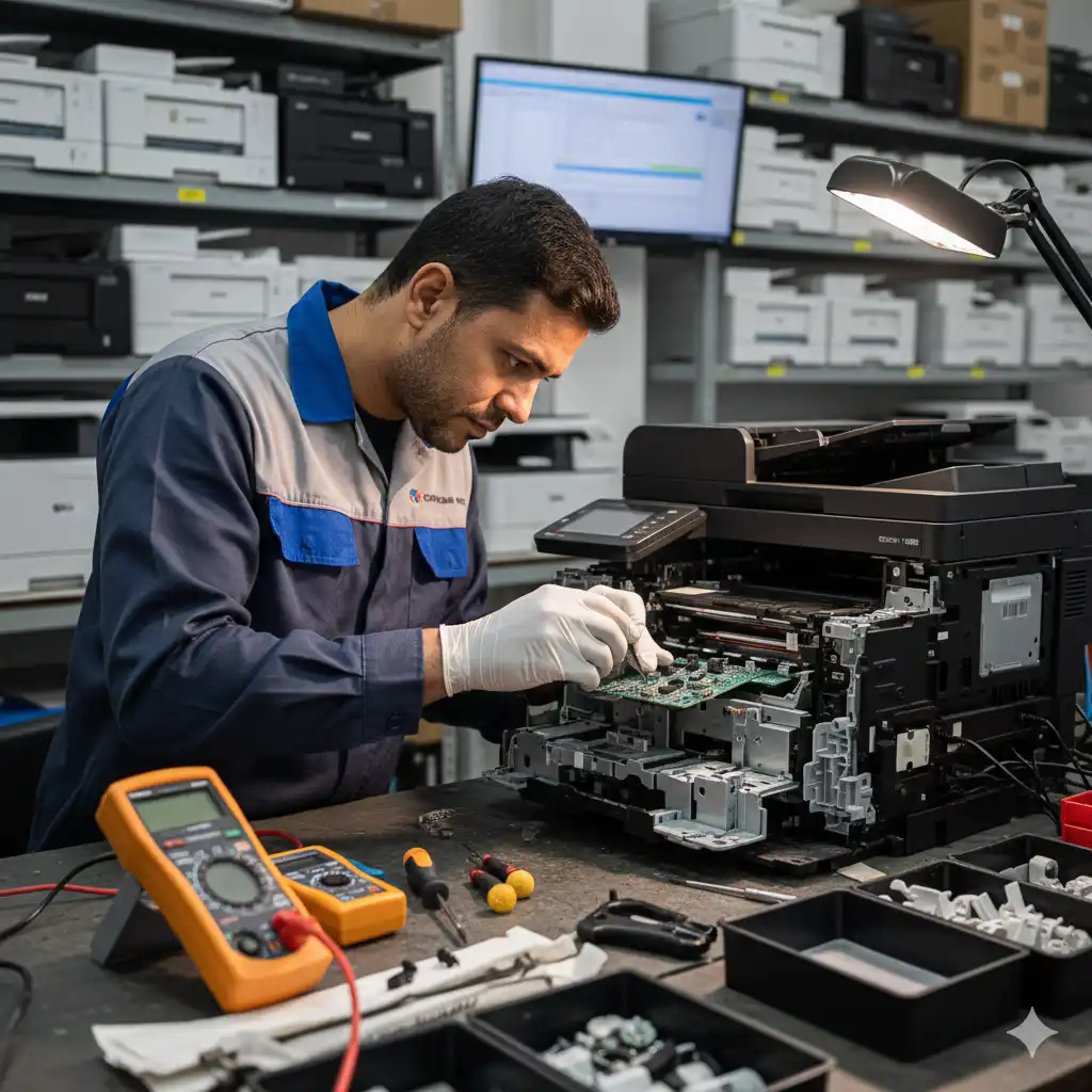 Técnico realizando serviço em impressora